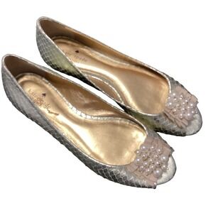 Kate‎ Spade Women's Size 8 Flats Gold Snakeskin Open Toe Shoes Beaded